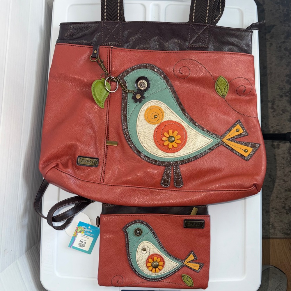Chala Handbags‎ Bird Brick Red Vegan Leather Tote and Mini Crossbody Set 2pc